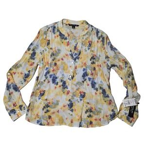 Zac Rachel Colonial Blue Flax Floral Popover Shirt Rayon Blend Petite Medium NEW